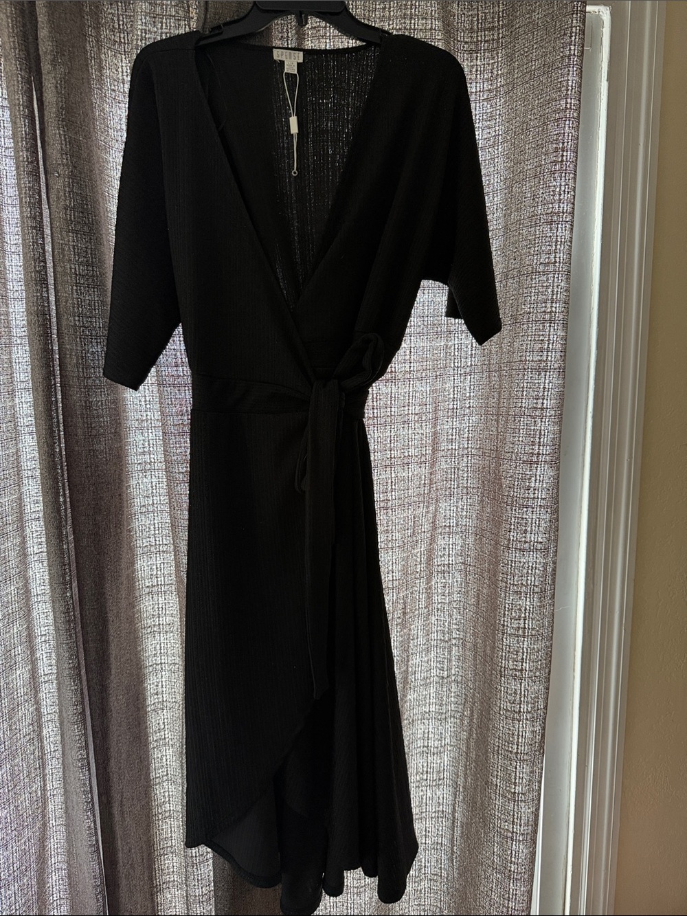 Spense Black Midi Dress with Waist Tie and Short Sleeves